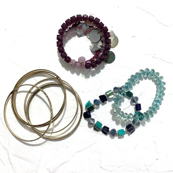 Bangle & Beaded Bracelet Bundle of 10 Gold, Purple, Teal Costume Jewelry - Picture 1 of 8